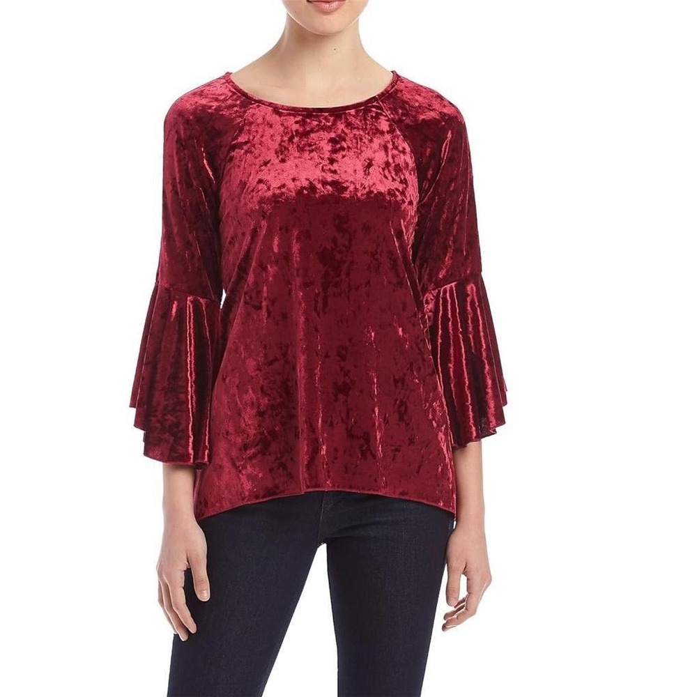 Cupio Crushed Velvet Bell Sleeve Top M Maroon Rhinestone Keyhole Boho Whimsygoth